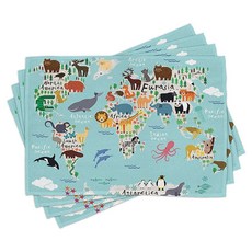 Lunarable 과일 플레이스 매트 4개 세트 만화 스타일 다양한 사과 신선하고 잘 익은 계절 음식 깨끗한 식사 비건 식탁용 세탁 가능한 패브릭 매트 표준 사이즈 그린, Soft Blue