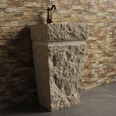 原石洗手台庭院陽台洗手檯 藝術立柱盆石頭洗臉盆 衛生間庭院石材一體大理石落地室外水槽, 蝦紅自然面款（不含配件）