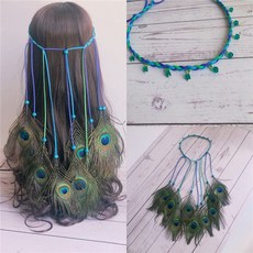 台出波西米亞風流蘇髮帶，民族風孔雀羽毛頭飾，沙灘旅遊印地安風格頭帶, 孔雀羽毛（水晶多墜）, 1個