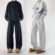 賣場新品慵懶風簡約寬鬆休閒運動套裝男側拉鍊圓領百搭上衣純色長褲一整套