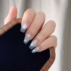 Portia Nail 純手工穿戴甲 手工美甲片 雙色追光玻璃珠 雲錦亮片貓眼 冰川冰透爆閃 鹽湖花雙拼 短梯款, 1個, 鹽湖花雙拼（短梯19mm,XS