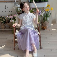 女童新中式旗袍套裝夏季薄款2026新款女孩復古盤扣國風漢服兩件套