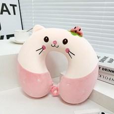 DZER 귀여운 고양이 유형 베개 편안한 여행용 목베개 인형 선물, 28*30*9cm, 딸기 고양이 핑크 메모리폼