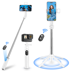 NICESUN 블루투스 휴대폰 삼각대 스마트폰/카메라/고프로 삼각대 셀카봉 103cm P07, 화이트+LED*1