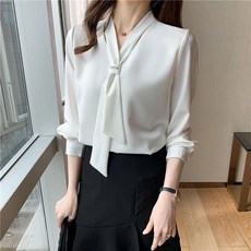 COSYEVNO 여성 블라우스 봄 가을 정장 리본 넥타이 직업 셔츠