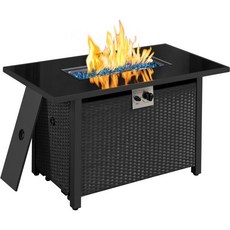 Yaheetech 43 in Propane Fire Pit 50000 BTU 야외 가스 파이어 피트 테이블에 강화 유리 테이블 상판과 등나무 위커 베이스 파티오 데크 파티 모임, Black, 1개