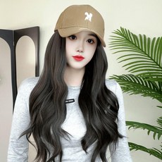 棒球帽假髮一體 仿真長捲髮帽, 1個, K標米色鴨舌帽 棕黑色 大波浪-氣質顯白