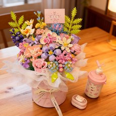 2025 신형 장미 부케 포옹 버킷 조립 블록 고급 선물 인테리어 꽃다발, 키티 핑크 A 21개+키티 카드