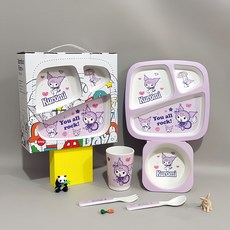 竹纖維兒童餐具套裝寶寶卡通分格餐盤飯碗餐碗杯子叉勺母嬰店禮品, 1個, 五件套 含包裝盒, 庫庫米 禮盒裝