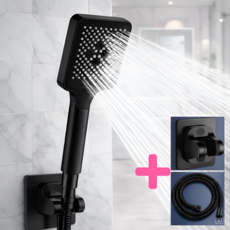 수엘리 폭풍 수압상승 샤워기헤드 호수 거치대 세트, 매트블랙, 1개
