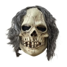 萬聖節派對骷髏面具 恐怖逼真造型 灰白色頭髮骷髏頭面具, 米色+灰色, 1個