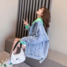 눈길을 끄는 데님점퍼 여성 봄가을 계절 와이드 루즈핏 스윗 빈티지자켓, 블루 프리미엄 판