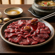 [당일작업] 총각네한우촌 1+ 한우 대구 뭉티기 육사시미 생고기 국내산 신선육 덩어리로 발송, 1개, 300g