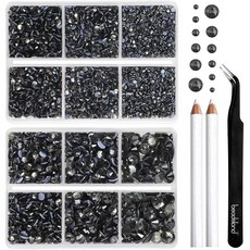 Beadsland(비즈랜드)핫픽스 라인석 옷 공예용 라인석 펜슬과 핀셋이 포함된 6가지 사이즈 혼합 키트, 1개, 블랙다이아몬드