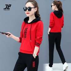 TIMEPURE 여성 후드 트레이닝 세트 봄/가을 중년 캐주얼 빅사이즈 오버핏 레터링 2피스 러닝 스포츠웨어