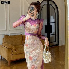DFMEI 플라워 기질 랩 롱스커트 봄옷 프렌치 큐빅 망사배색 망사 원피스 11025