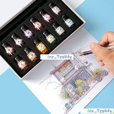 新貨熱賣 【12色防水套装】马卡龙彩墨钢笔淡彩勾线软毛笔学生绘画闪粉墨水 美術用品 繪畫用品 繪畫工具, 1個, 7ML软毛笔套装,无粉防水原色