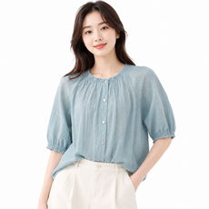 지디오 여성 반팔 프릴 블라우스 반소매 라운드넥 소매 셔링 포인트 여름 셔츠
