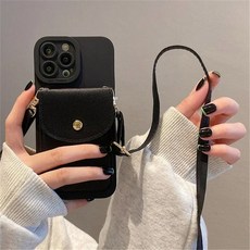 크로스바디 카드 슬롯 백 거치대 케이스 럭셔리 코드 실리콘 커버 12 13 미니 11 14 15 16 프로 맥스 플러스 X Xs Xr, For iphone15Pro, Black