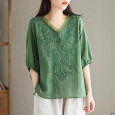 寬鬆V領刺繡棉麻短袖襯衫