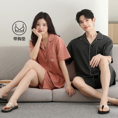 CHUNKEER 純棉情侶睡衣 夏季短袖寬鬆帶胸墊套裝