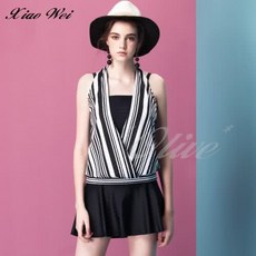 小薇的店 蘋果牌 經典黑白線條二件式褲裙泳裝 (M-XL), M
