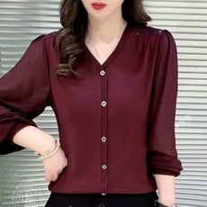 봄여름 여성블라우스 긴팔브이넥 맨투맨 엄마상의 루즈핏 편한 중년셔츠 빅사이즈티셔츠 140근-260근