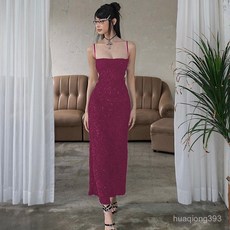 Yellwell여성 민소매 스파게티 스트랩 롱 드레스 섹시한 뒷트임 파티 드레스 우아한 휴양지 원피스LST