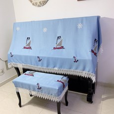 棉麻鋼琴罩 鋼琴防塵套 北歐風格布藝琴簾, 絲絨麻藍一帆風順,雙人凳罩76*36厘米（無琴罩）, 1個