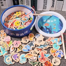 磁性釣魚玩具 木製釣魚遊戲 親子互動兒童玩具 (台灣現貨), 1個, 31條魚+2根魚竿【桶裝】