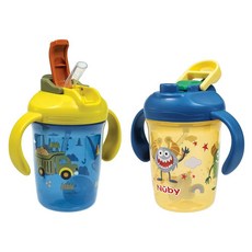 Nuby 360° 가중 빨대 및 단단한 가 있는 투인원 유아용 컵 - (2팩) 226.8g(8온스) 누출 방지 잡기 쉬운 손잡이 식기세척기 사용 가능 타이거/레인보우13063, Tractors & Monsters