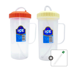 덕신 손잡이 빨대컵 요양원 빨대물컵 500ml 주황 1개 + 노랑 1개 [+세척솔 증정]