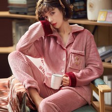 가을과 겨울 산호 양털 잠옷 여성 겨울 패딩 플러스 벨벳 플란넬 홈 의류 겨울 2021 새로운 정장, 콩 페이스트 카디건, 1개, XXL 코드