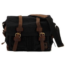 Sechunk 빈티지 밀리터리 가죽 캔버스 노트북 가방 메신저 가방 미디엄 블랙. small--13‘’, 블랙
