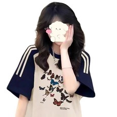 투니스 여성 배색 프린팅 반소매 티셔츠