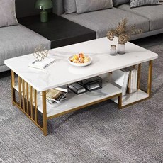 YAPOGI 심플 모던 가정용 대리석 무늬 2단 거실 티테이블 거실 테이블, 스타일 A 화이트 100×50×42cm