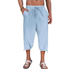 Gafeng 남성용 하렘 카프리 팬츠 비치 요가 배기 3/4 반바지 캐주얼 드로스트링 여름 와이드 레그 팬츠 하늘색