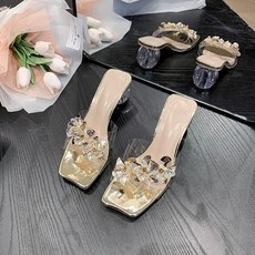 누드 큐빅 투명 장식 파티 보석 플라워 블링 통굽 뮬 여성 슬리퍼