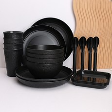 小麥秸稈碗碟盤杯餐具套裝, 黑色套裝, 1個