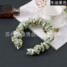 新款桑蠶絲發飾洗臉加寬邊絲綢發帶泡泡大腸褶皺不壓頭純真絲發箍, 1個, 牛油果色:如图