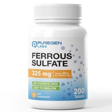 Puregen Labs 황산철 325mg (원소 철 65mg) 고효능 철분 보충제 | 인공 색소 첨가제 없음 - 200정, 1