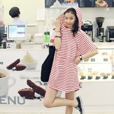 여름 시원한 편한 여성 스트라이프 후드 미니 원피스