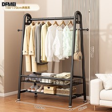 DFMEI 牀邊簡易掛衣架落地臥室內家用衣帽架可移動客廳陽臺曬晾衣服架子, 曜石黑-長100*高170丨升級雙層置物網籃【加粗22管】