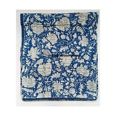 블루 핸드블록 플로럴 프린트 수제 코튼 칸타 퀼팅 보호 침구 담요 히피 퀸/킹 사이즈 보헤미안 블록 퀼트 (90X108 인치 (더블/퀸), 90X108 인치(더블/퀸)