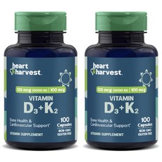 Heart & Harvest 125mcg 5000IU 100mcg 비타민 D3 + K2 캡슐, 2개, 100정