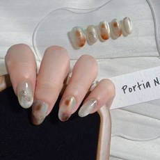 Portia Nail 純手工穿戴甲 日系暈染貓眼美甲片 簡約氣質, 1個, 焦糖琥珀（短橢圓17mm,XS