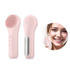 Routop 진동클렌저 얼굴 마사지기 세안브러쉬 실리콘 온열 EMS LED케어 방수 받침대 동봉 USB충전식, 핑크