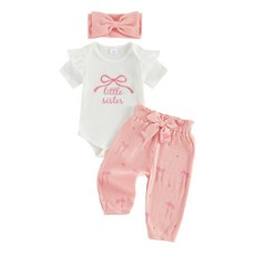 Twopumpkin Newborn Outfit Preemie Clothes 0 3 6 Month Baby Girl Coming Home Outfits Ribbed Romper, 보우 리틀 시스터 화이트 핑크