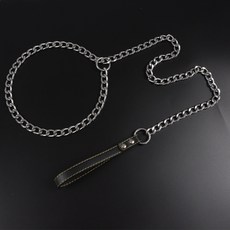 鐵鏈狗鏈子泡棉把手防磨設計狗鐵鏈小中大型犬寵物牽引繩p鏈p繩, 1個, 1.5米扁平P鏈+皮把手黑