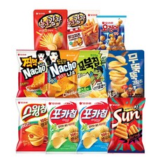 오리온 스테디셀러 스낵 모음B 10종+1종 증정 (11개) 포카칩 스윙칩 썬 나쵸 무뚝뚝감자칩 눈을감자 꼬북칩 오징어땅콩, 1세트, 스낵B